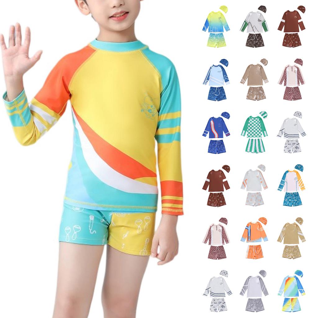 Boys Three Piece Swimwear Set Long Sleeve Rash Guard Swim Shirt Swim Shorts and Swim Cap Cartoon Print Lightweight Quick Dry