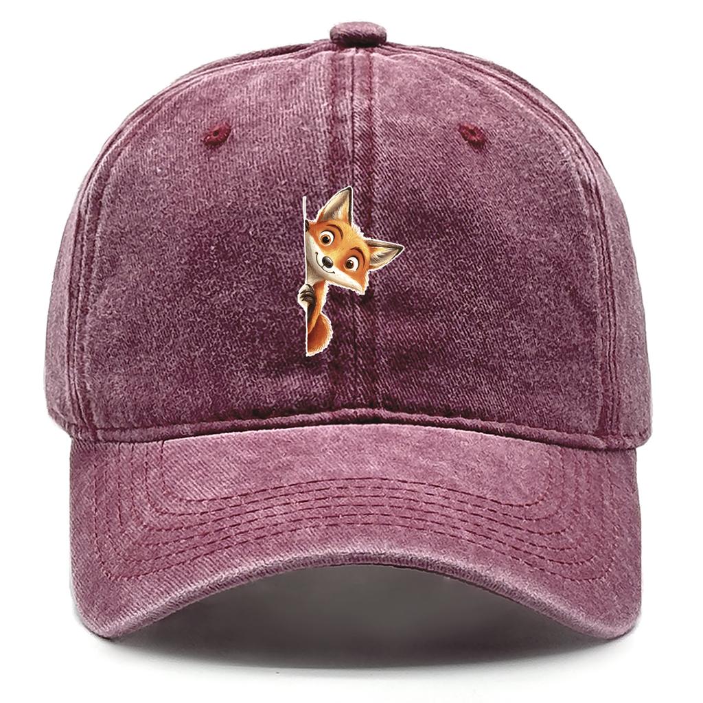Cute Fox Print Snapback Sun Hat Big-eyed Fox Baseball Hat Washed Cotton Stylish Adjustable Baseball Cap Ideal Choice For Gifts