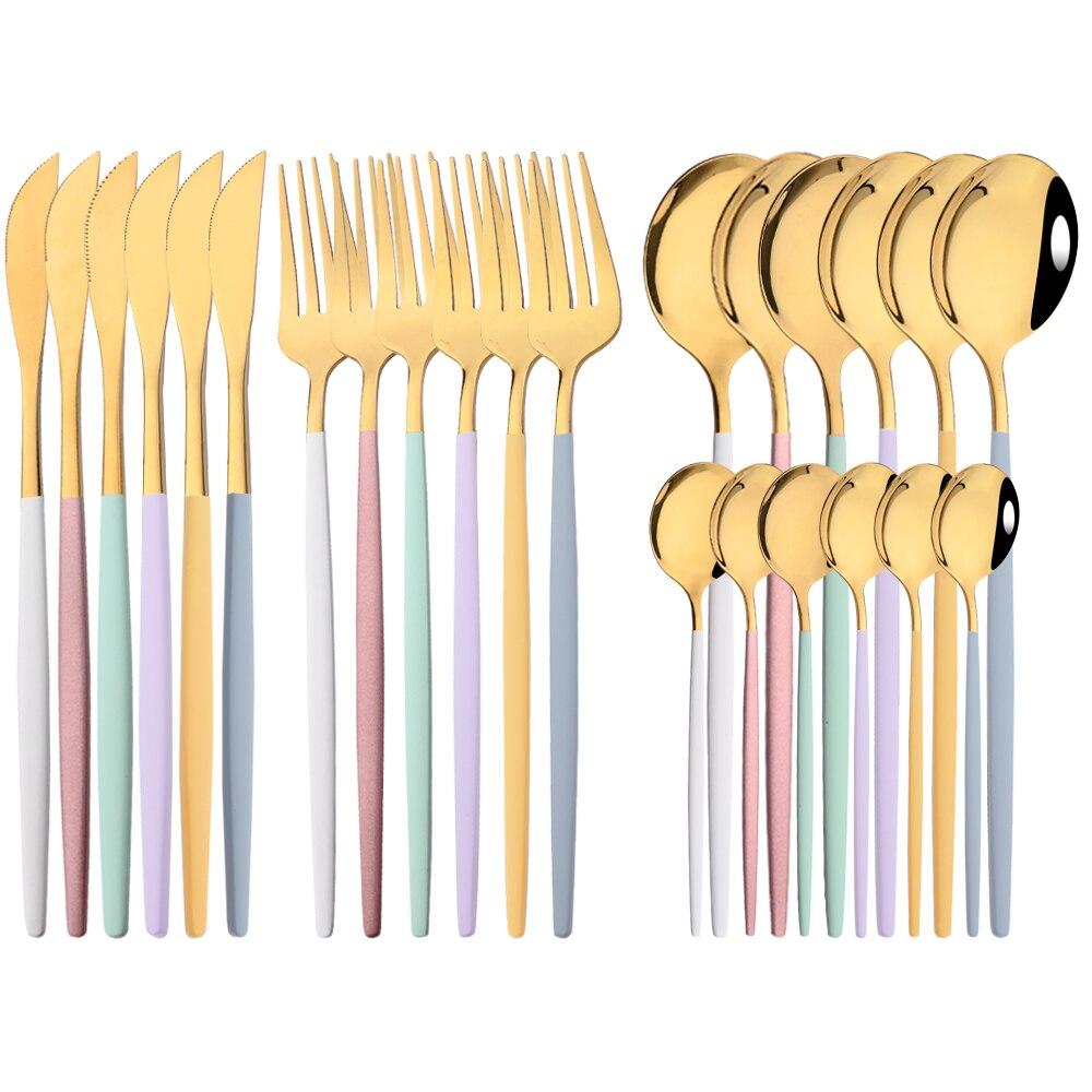 Neue 24 Teile/satz Besteck Set Edelstahl Geschirr Lila Gold Geschirr Messer Gabel Löffel Abendessen Besteck Küche Besteck