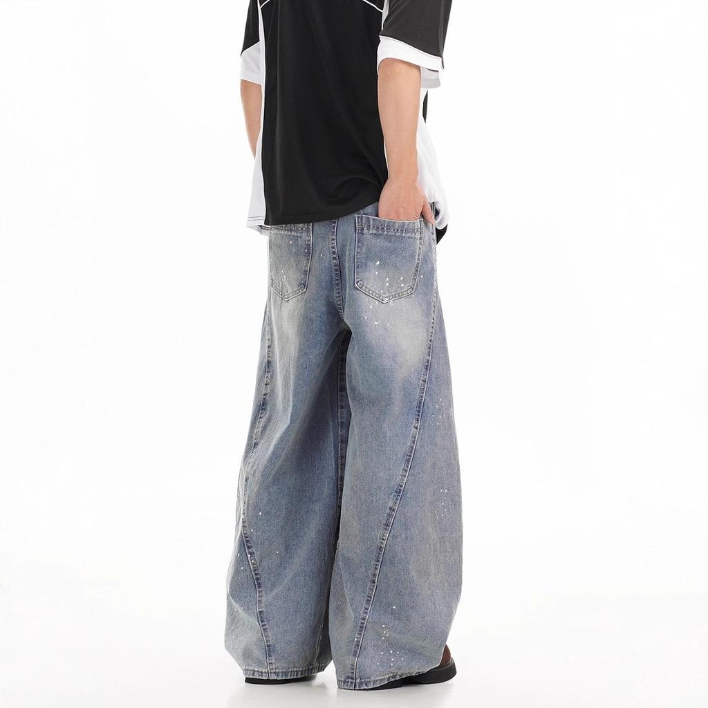 American High Street Retro Washed Ink Splashing Scimitar Jeans Men's and Women's Street Trendy Brand Ruffian Handsome Loose Casual Wide-leg Pants