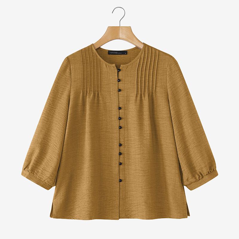 ZANZEA Dámská ležérní halenka s kulatým výstřihem, volným 3/4 rukávem a jednobarevným provedením