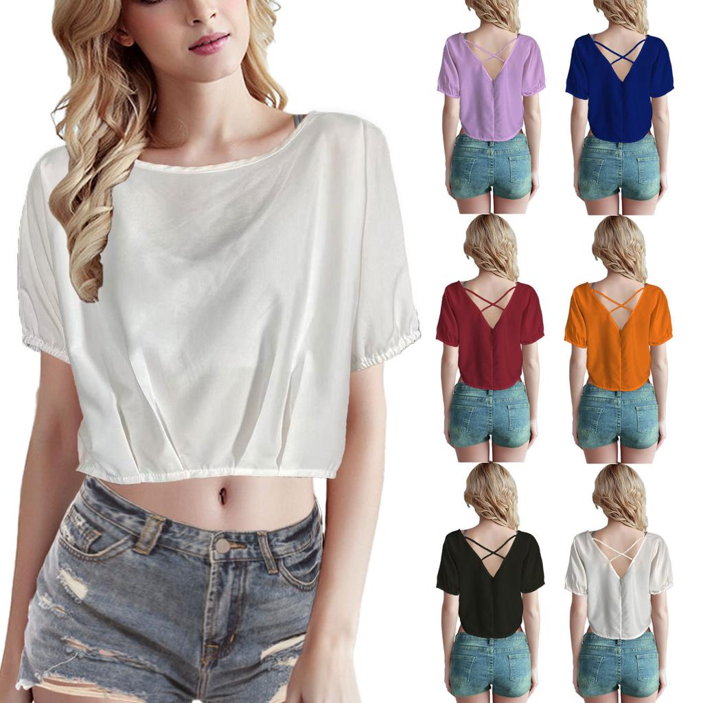 Women's Fashion Casual Solid Color Print Short Sleeve U Neck Blouses & Shirts