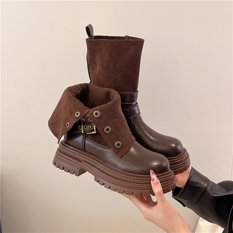 Korte bruine Martin boots voor dames 2025 nieuw herfst en winter retro Maillard dubbel draagbaar dikke zool hoogteverhogend veelzijdig korte laarzen