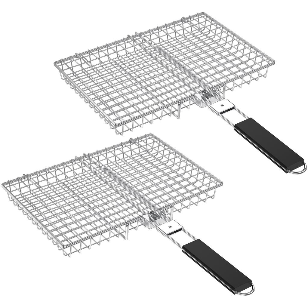 1/2Pcs Grill Basket Folding Portable Stainless Steel BBQ Grill Basket with Handle for Fish Vegetables Shrimp Cooking Accessories