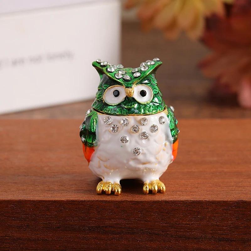 1pc Colorful Rhinestone Owl Jewelry Box, Enamel Mini Box, Exquisite Desktop Ornament Storage Box For Jewelry Storage