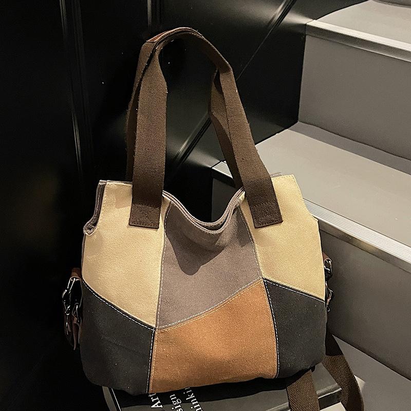 Simple and Fashionable Women's Bags Contrasting Color Canvas Bags Women's Large-capacity Retro Contrasting Color Splicing Cloth Bags New Shoulde