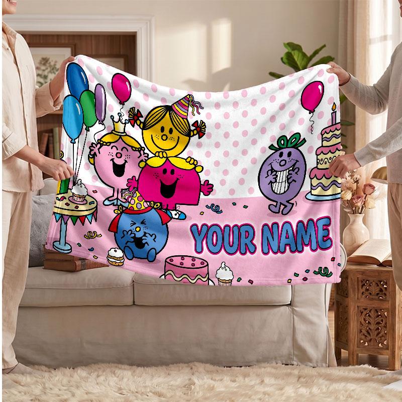 Mr. Men & Little Miss Personalized Flannel Blanket, Custom Printed Text Name, Warm Soft Blanket For Couch Bed