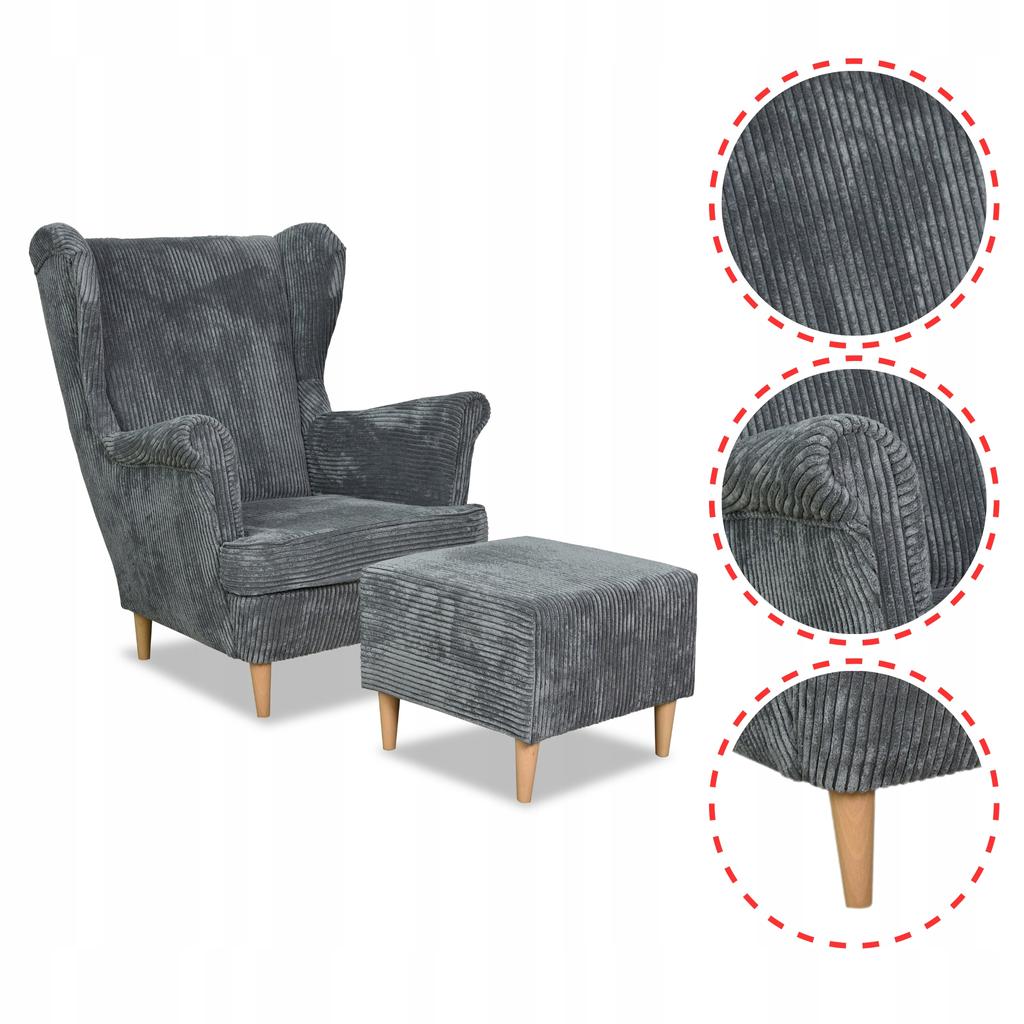 Fotel uszak Bonito podnóżkiem skandynawski Family Meble sztruks szary