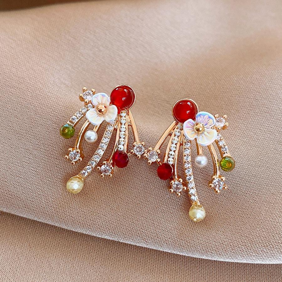 

18K real gold electroplated zircon agate flower stud earrings earrings women