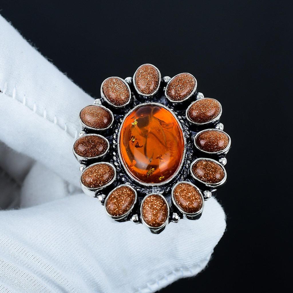 Amazing Ambar, Sunstone Gemstone Ring, 925 Sterling Silver Ring, Gift For Her, Oval Stone ,Elegant Handmade Ring, Ambar Flower Silver Ring Gift