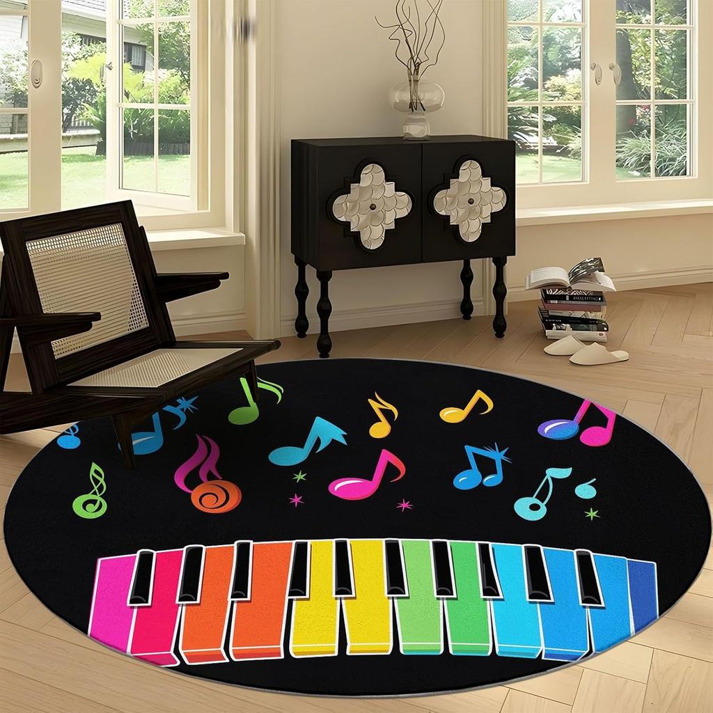 Music Color Piano Key Notes Print Round Area Rug,Cartoon Style Washable Circular Carpet Runner - Non Slip Circle Rug Carpet Mat