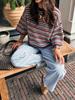 Women's Color Block Horizontal Stripe Knitwear - Casual Loose Batwing Mid-Sleeve Short Pullover Sweater