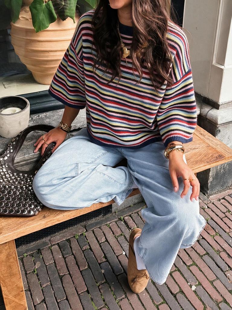 Women's Color Block Horizontal Stripe Knitwear - Casual Loose Batwing Mid-Sleeve Short Pullover Sweater