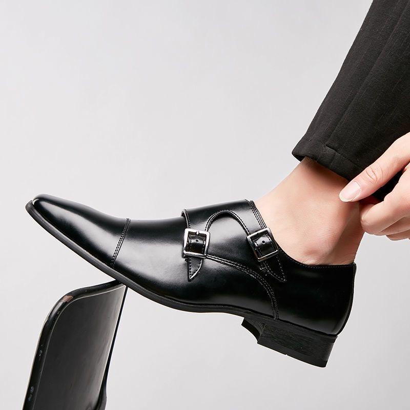 Classic Mens Dress Shoes Pointed Toe Cow Leather Buckle Monk Strap Casual Business Wedding Shoes for Men Black Brown