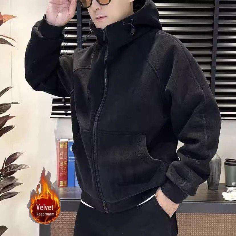 Men's Solid Color Hooded Fleece Cardigan - Thick, Loose Fit Zipper Jacket for Autumn and Winter.