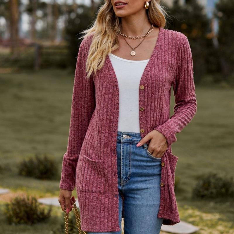 Women's Solid Color Brushed Striped Cardigan with Buttoned Jacket Design