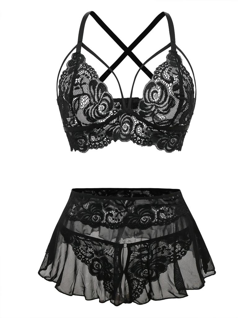 Sexy Mini Skirt with Thong Floral Lace Sheer Bralette Lingerie Set 3 Piece Otufits