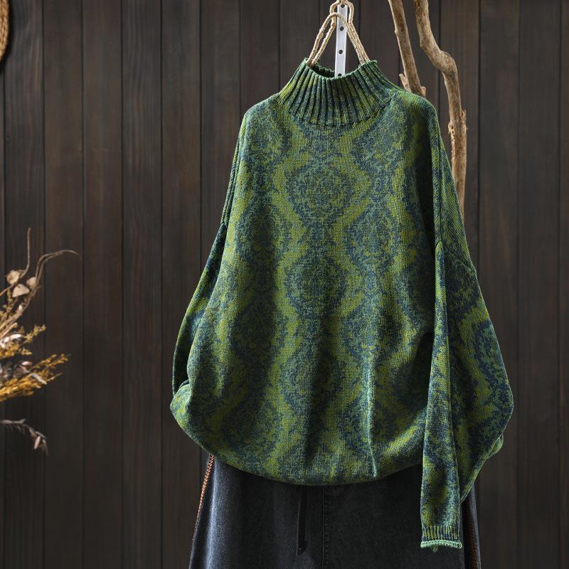 Vintage Ethno-Print Damen Halbhoher Kragen Übergröße Locker Gestrickter Pullover für Herbst/Winter
