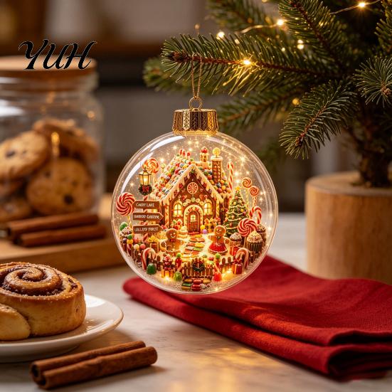 Romantic Christmas Atmosphere Lights Glowing Story Ornament, Mini Holiday Scene In Clear Ball with Lighted Ornaments LED Light, Acrylic Hanging