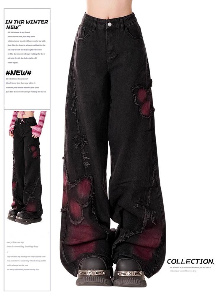 

Women s Spring Black Distressed Wide-Leg Jeans with Butterfly Pattern 4XL