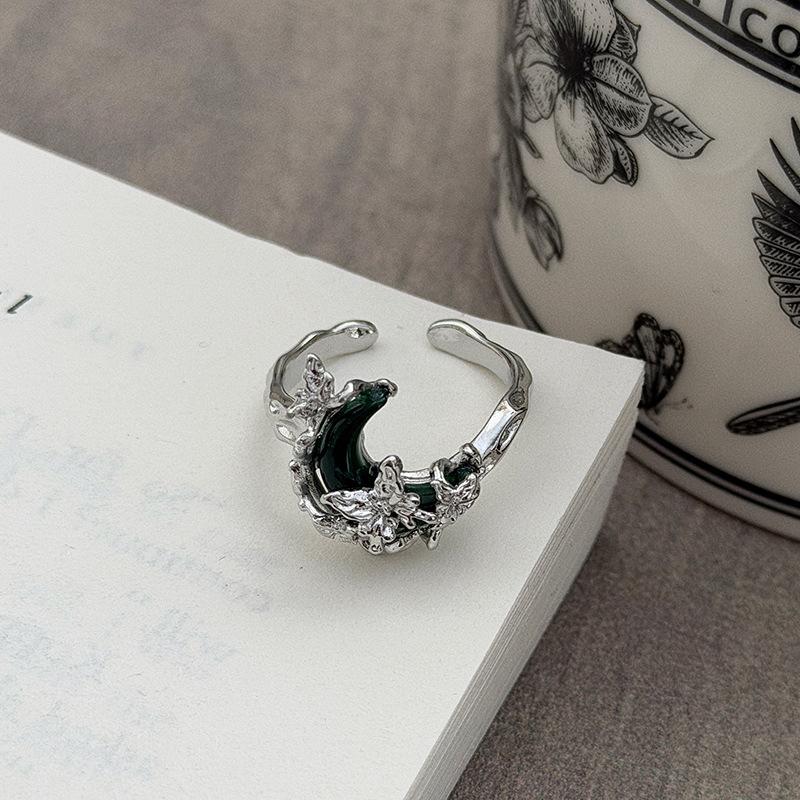 Dark Light Luxury Diamond-Encrusted Zircon Thorns Entangled Moon Butterfly Green Purple Two-Color Open Ring Personalized Stacked Ring Adjustable opening