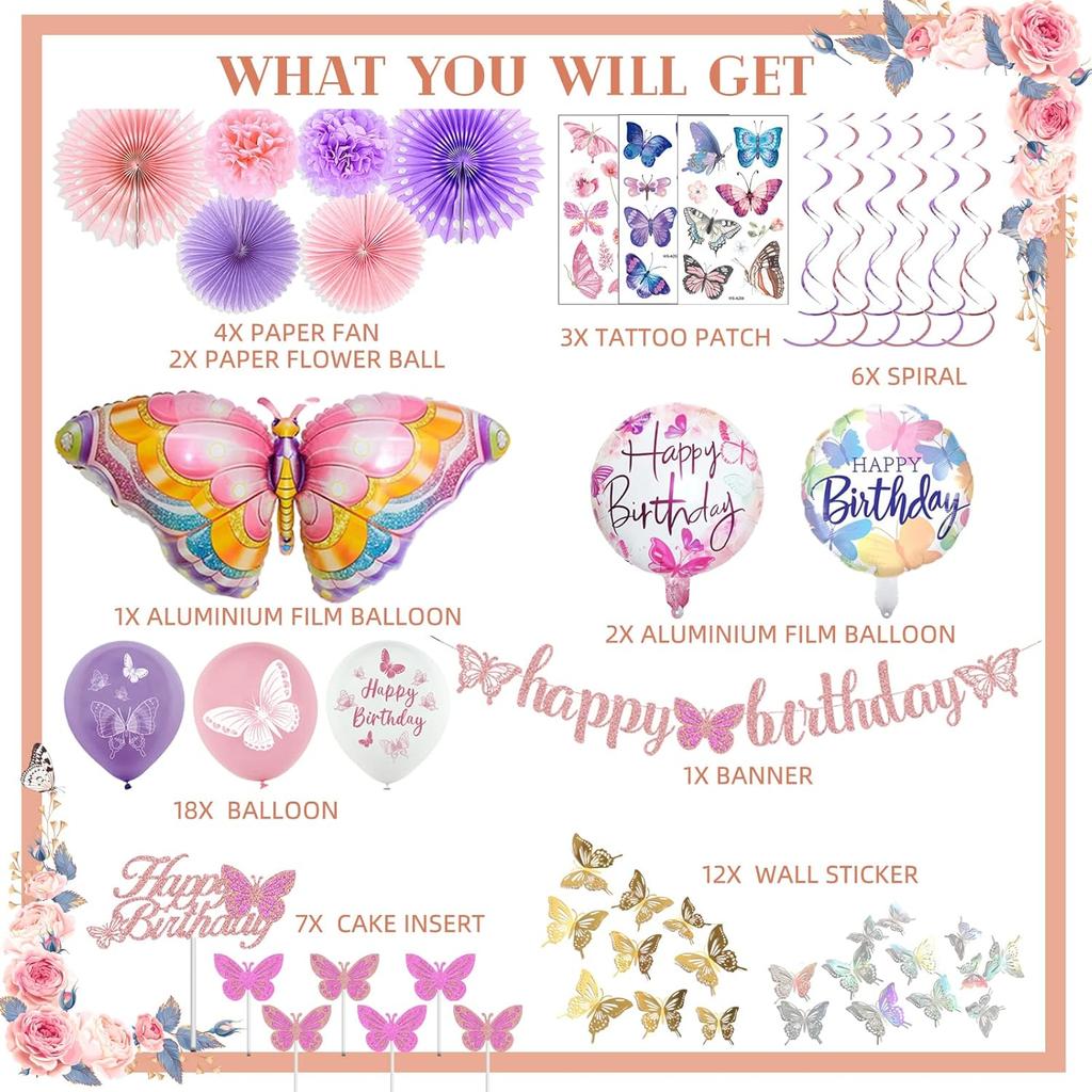 Butterfly Birthday Party Decorations Supplies, Pink & Purple Butterfly Birthday Decorations Include Paper Fans Foil Balloons Happy Birthday Banner