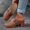 Damesklompen Mules Zwart Leer Gesp Dikke Hak Schoenen Retro Casual Instappers Feest Dagelijkse Slijtage