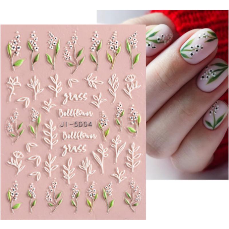 5D Nail Stickers Flowers Geometric Lines Decor Acrylic Embossed Sliders Gold Frame Nail Decals Cherry Blossom Manicure GLJI-5D05