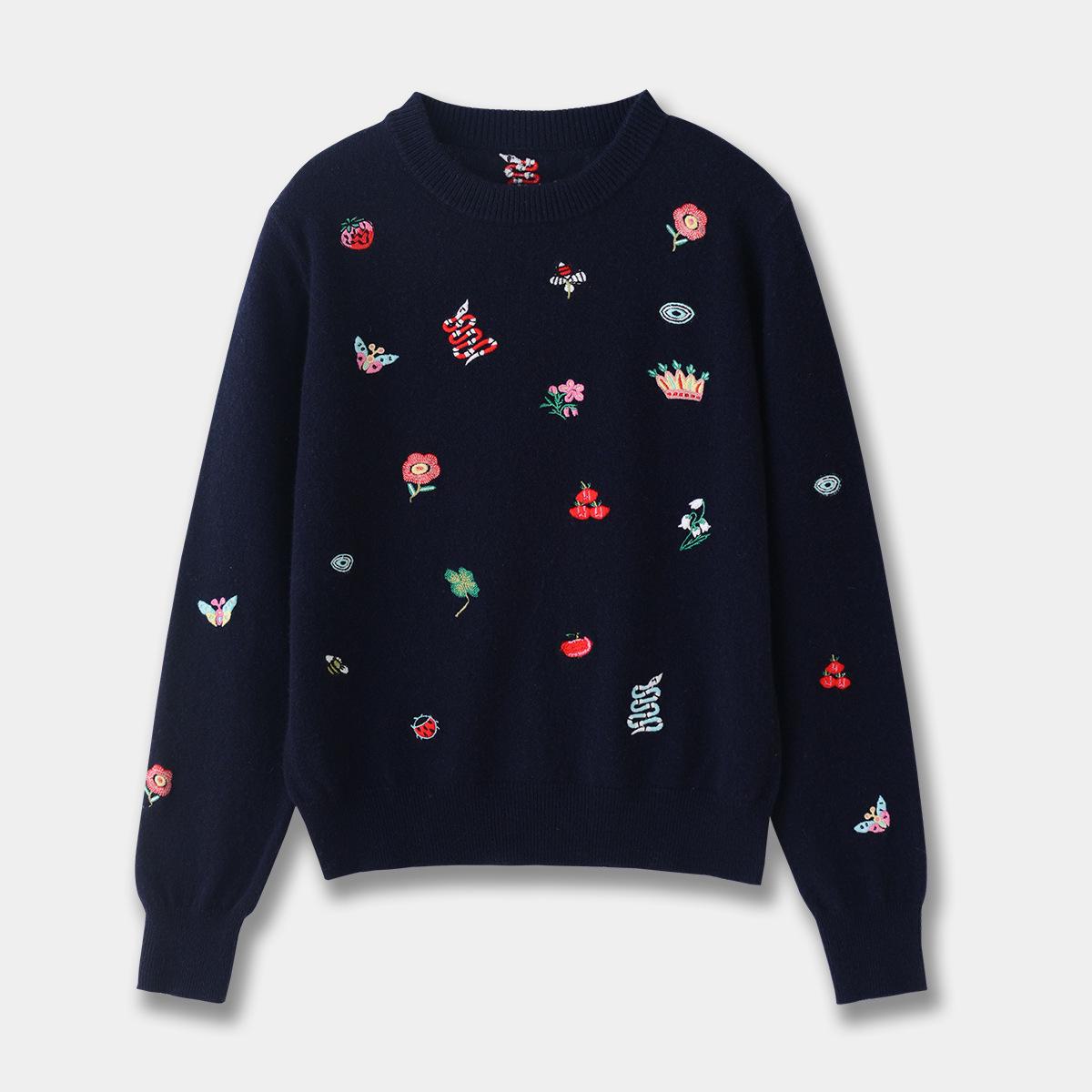 

Женский шерстяной свитер с круглым вырезом и вышивкой - зима 2024 г., начес, свободный, вязаный дизайн (E246A0123) S темно-синий