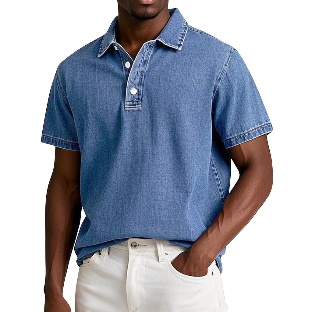 Men's Summer Solid Color Vintage Button Lapel Short Sleeve Shirt Tops