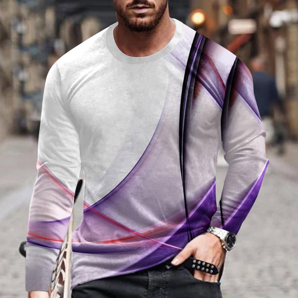 Spring and Autumn Round Neck 3D Line Printed Top Fashionable Casual Simple Long Sleeved Men's T-shirts