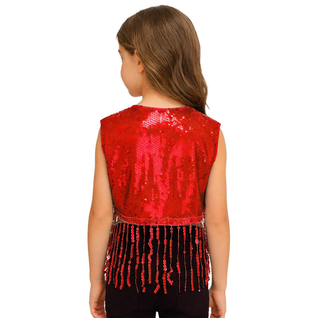 Girls Shiny Sequin Tassel Vest Sleeveless Open Front Fringed Crop Top Waistcoat for Jazz Dance
