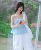 Rough Neck Bell Chiffon Lace Top Blue