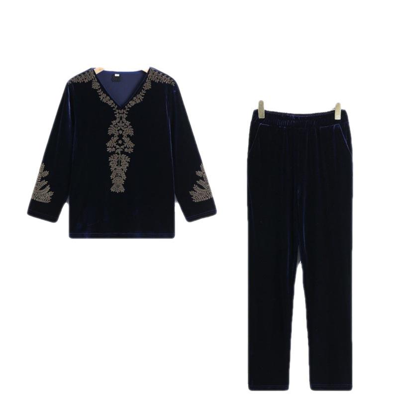 Women's Autumn Gold Velvet Suit: Fashionable, Loose-Fit Two-Piece for Middle-Aged & Elderly, Plus-Size Available.