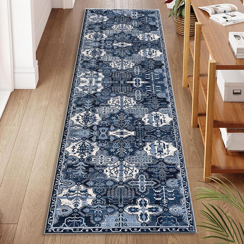Blue Green Distressed Floral Vintage Art Runner Rug for Kitchen Durable Boho Print Carpet Floor Mat Accent