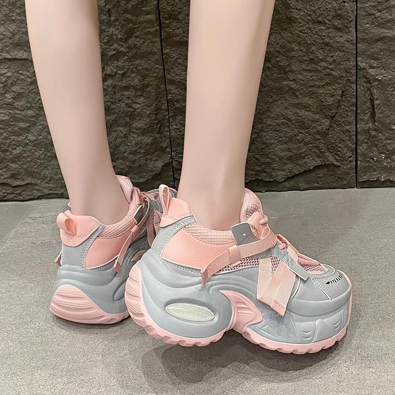 Fashion 7.5CM New 2025 Summer Women Platform Sneakers Thick Bottom Breathable Mesh Casual Chunky Shoes High Heel Sports Dad Shoes Woman