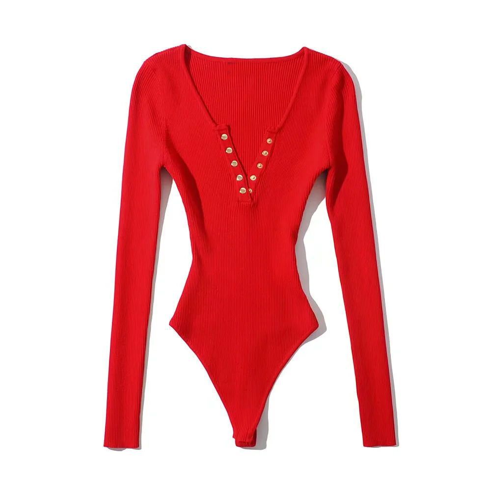 Womens Solid Color V Neck Button Front Long Sleeve Slim Fit Ribbed Knit Bodysuit Stretchy One Piece Top