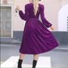 Abito Midi da Donna Monocolore a Maniche Lunghe con Scollo a V e Pieghe in Vita Alta
