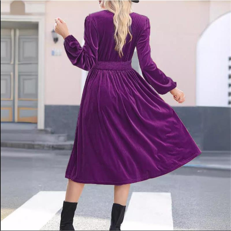 Abito Midi da Donna Monocolore a Maniche Lunghe con Scollo a V e Pieghe in Vita Alta
