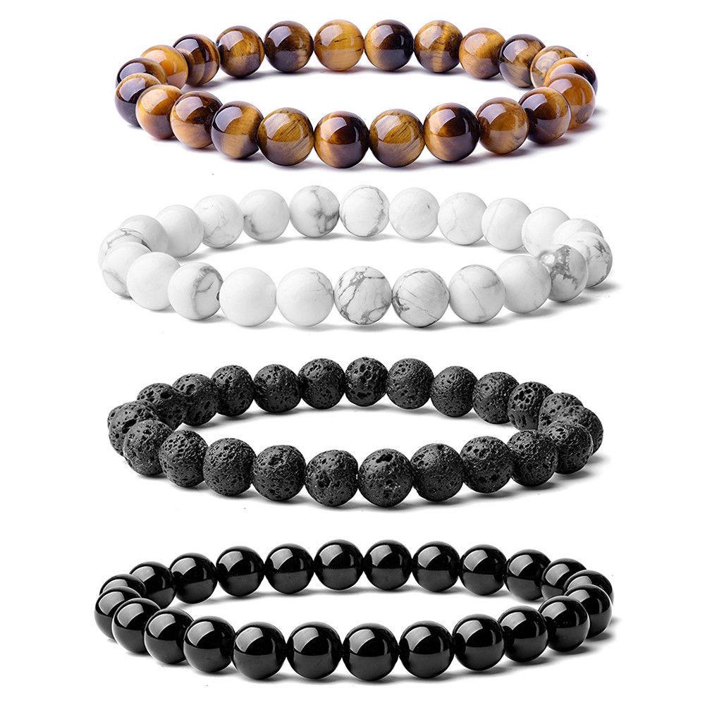 

8MM Men s Elastic Bracelet with Black Agate & Tiger Eye Semi-Precious Stone Beads