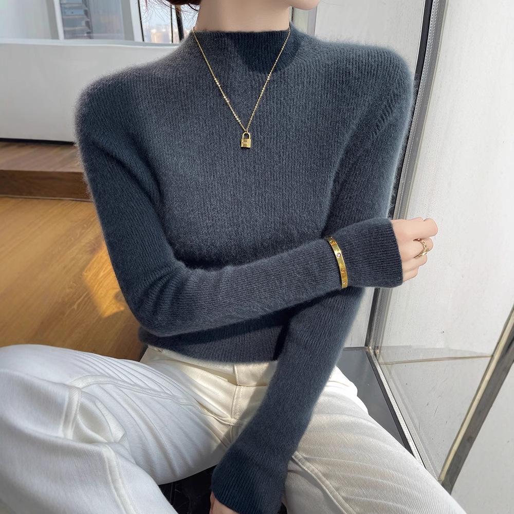 Women's Slim-Fit Wool Sweater - Autumn/Winter, Versatile Cashmere Knit, Half-High Collar