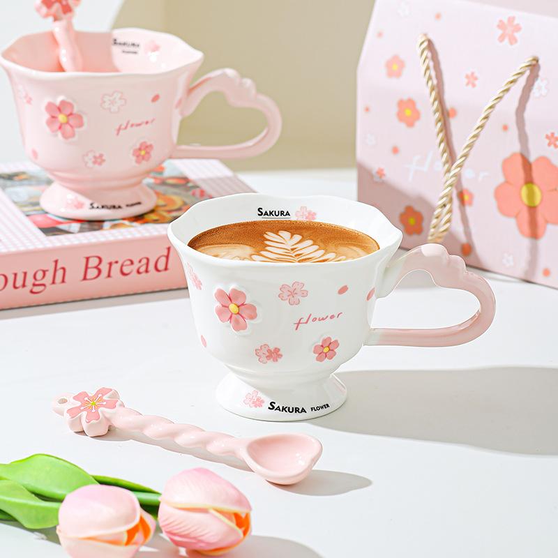 High Looking Cherry Blossom Goblet Souvenir Ceramic Girl Office Drinking Water Cup Breakfast Cup Elegant Cup