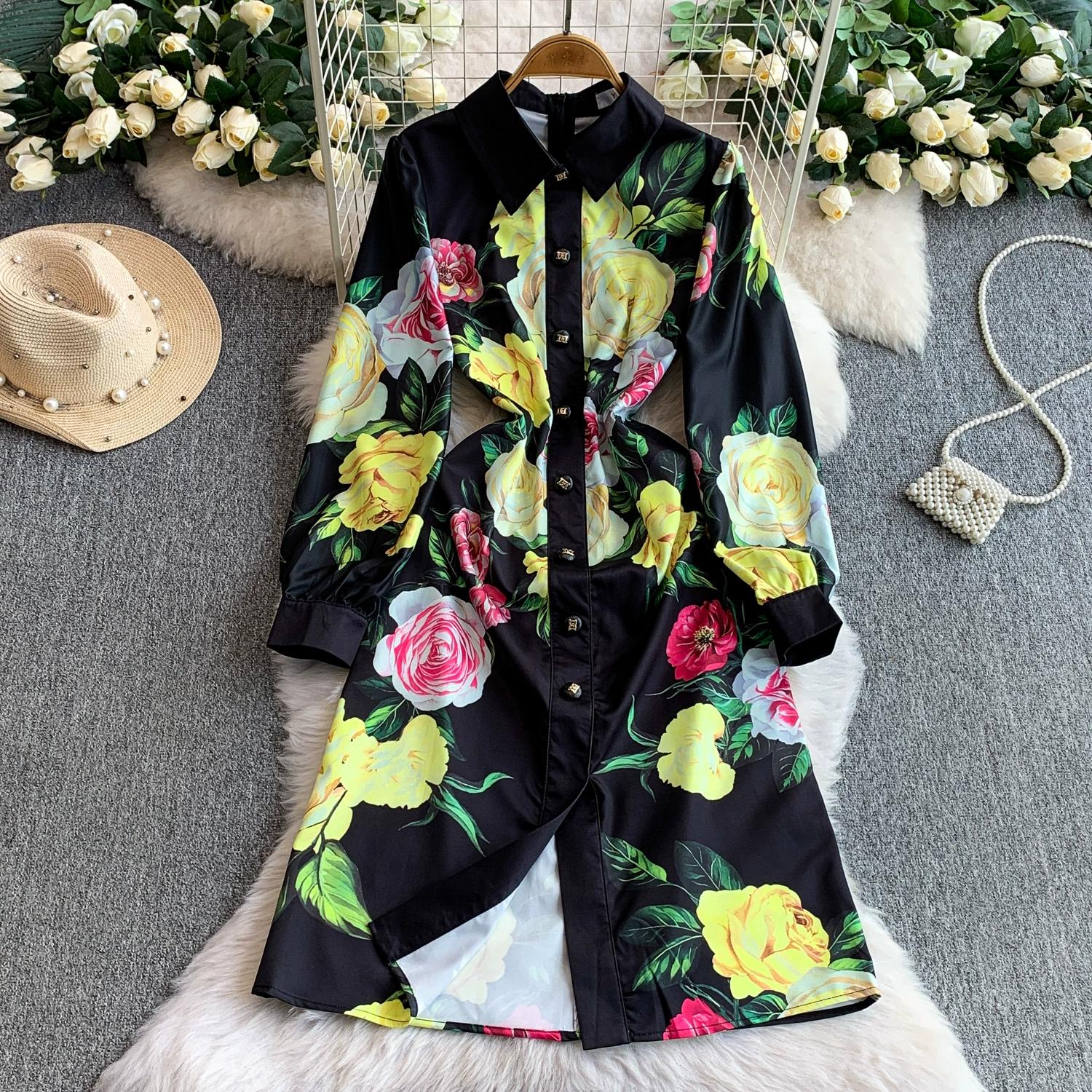 

Весна Осень Женские Винтажные Дизайнерские Платья с Цветочным Принтом с Подиума Отложной Воротник Застежка-молния сзади Вечернее Платье-рубашка XXL чёрный