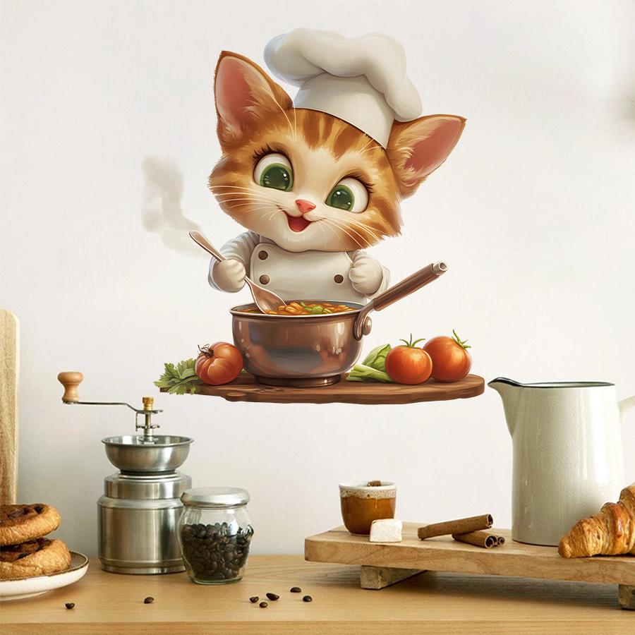 Cute Chef Cat Wall Sticker Cartoon Kitchen Theme Vinyl Decal Removable Self-Adhesive Art for Home Cafe Kids Room