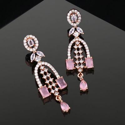 Designer Rose Gold Earrings with CZ Shooting Star and Mint Pink Stones for Women