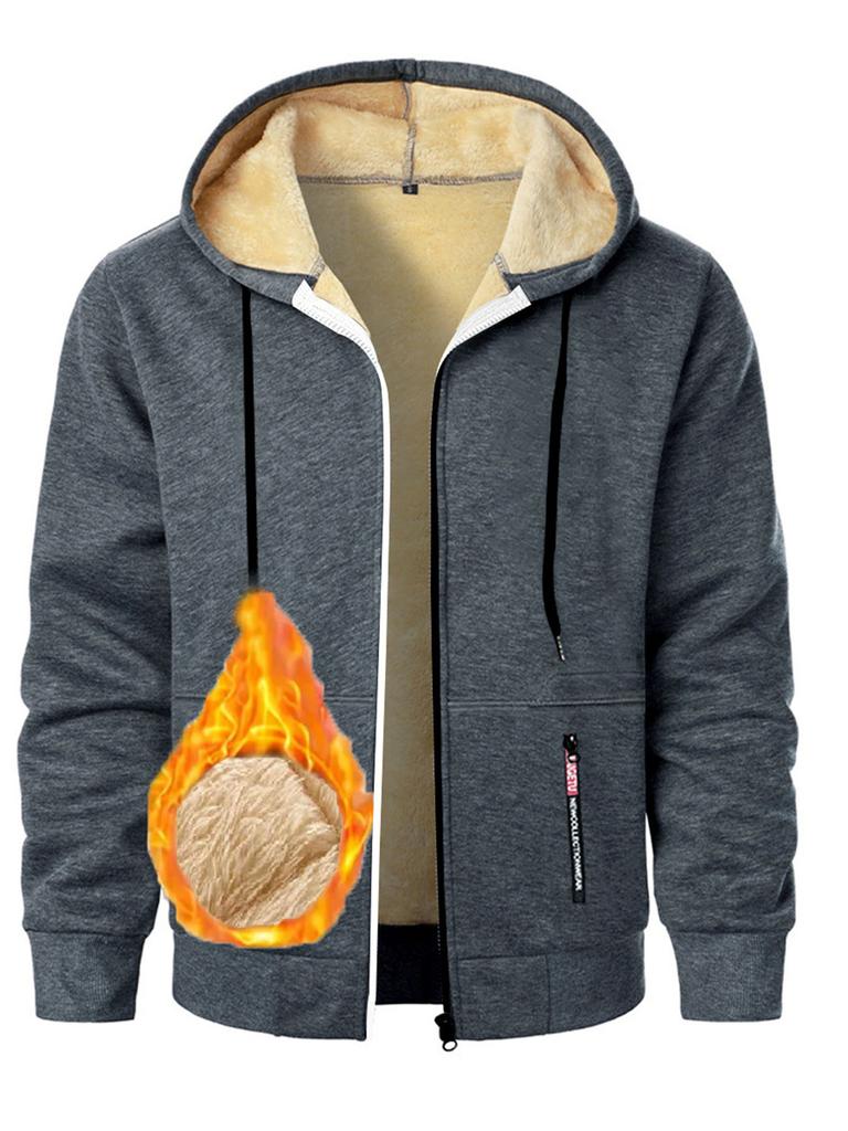 Autumn New Men's Casual Fleece Lined Hooded Zipper Sweatshirt Jacket Solid Color Warm Sportswear Male Fashion Outerwear