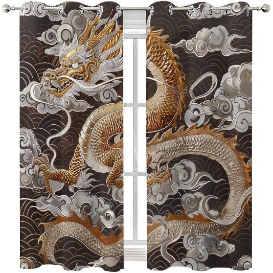 Traditional Chinese Dragon Blackout Curtains, Fantasy Cloud Golden Asian Grommet Thermal Insulated Curtains Window Drapes for Bedroom Living Room, 2