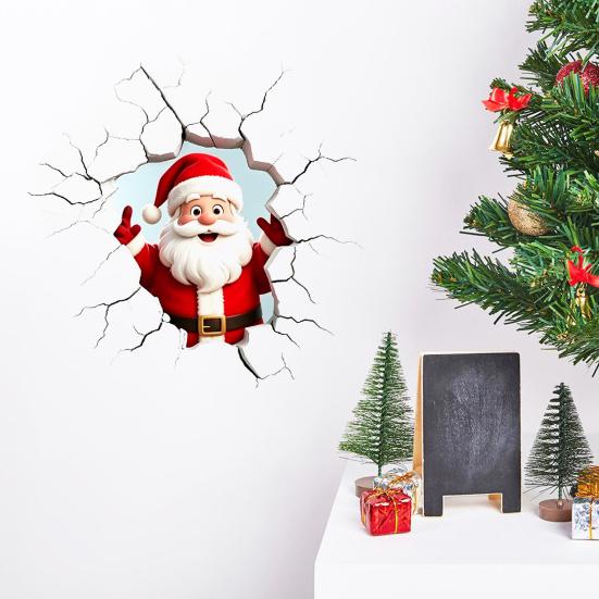 PVC Santa Wall Art for Balcony 3D Claus Sticker, Realistic Breaking Decal Christmas Holiday Decoration, Glass Clings Waterproof Indoor Outdoor Windows