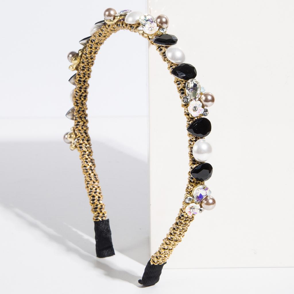 Luxury Woven Gold Thread Colorful Crystal Pearl Thin Headband Baroque Water Drop Gem Hair Hoop Wedding Banquet Hair Jewelry