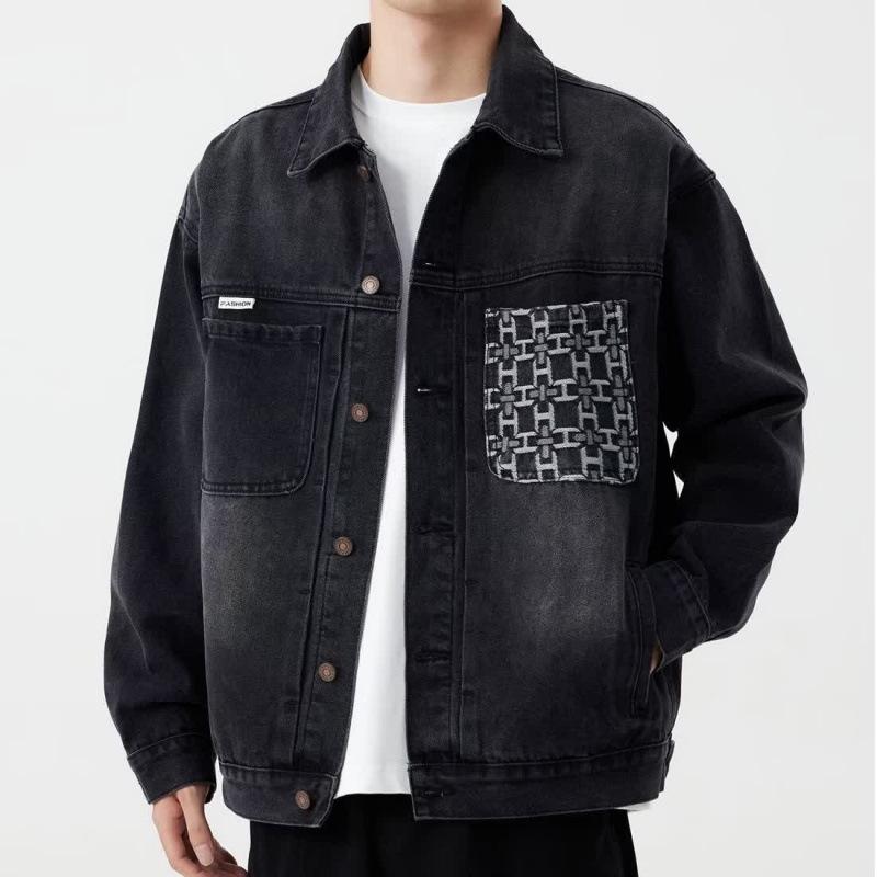 Men's Autumn Patchwork Denim Jacket: Precision Embroidery, Loose Fit, Plus Size Workwear Design.